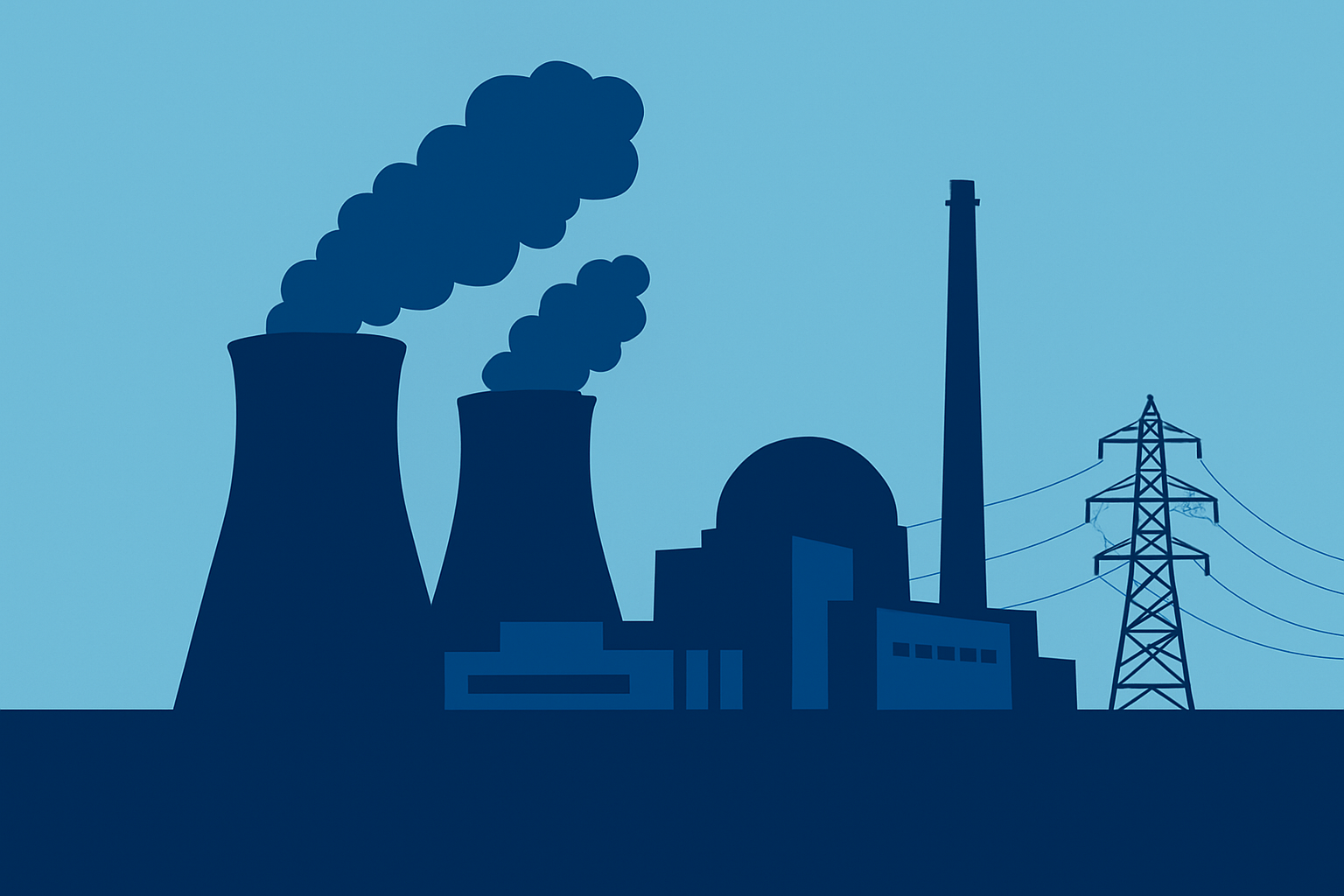 Voimalaitoksen siluetti sinisellä taustalla